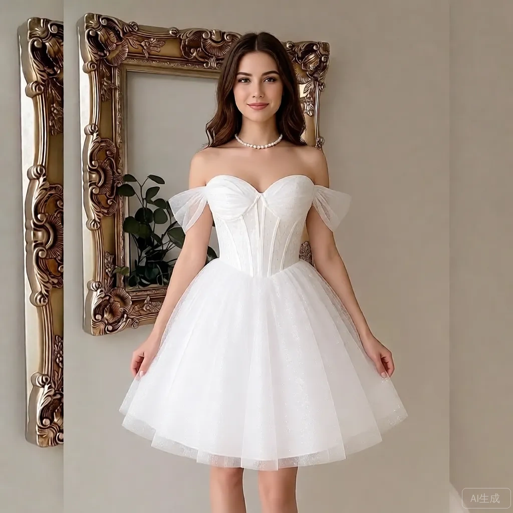 Ruched Dress Mini - Elegant White Sequin Wedding Dress -