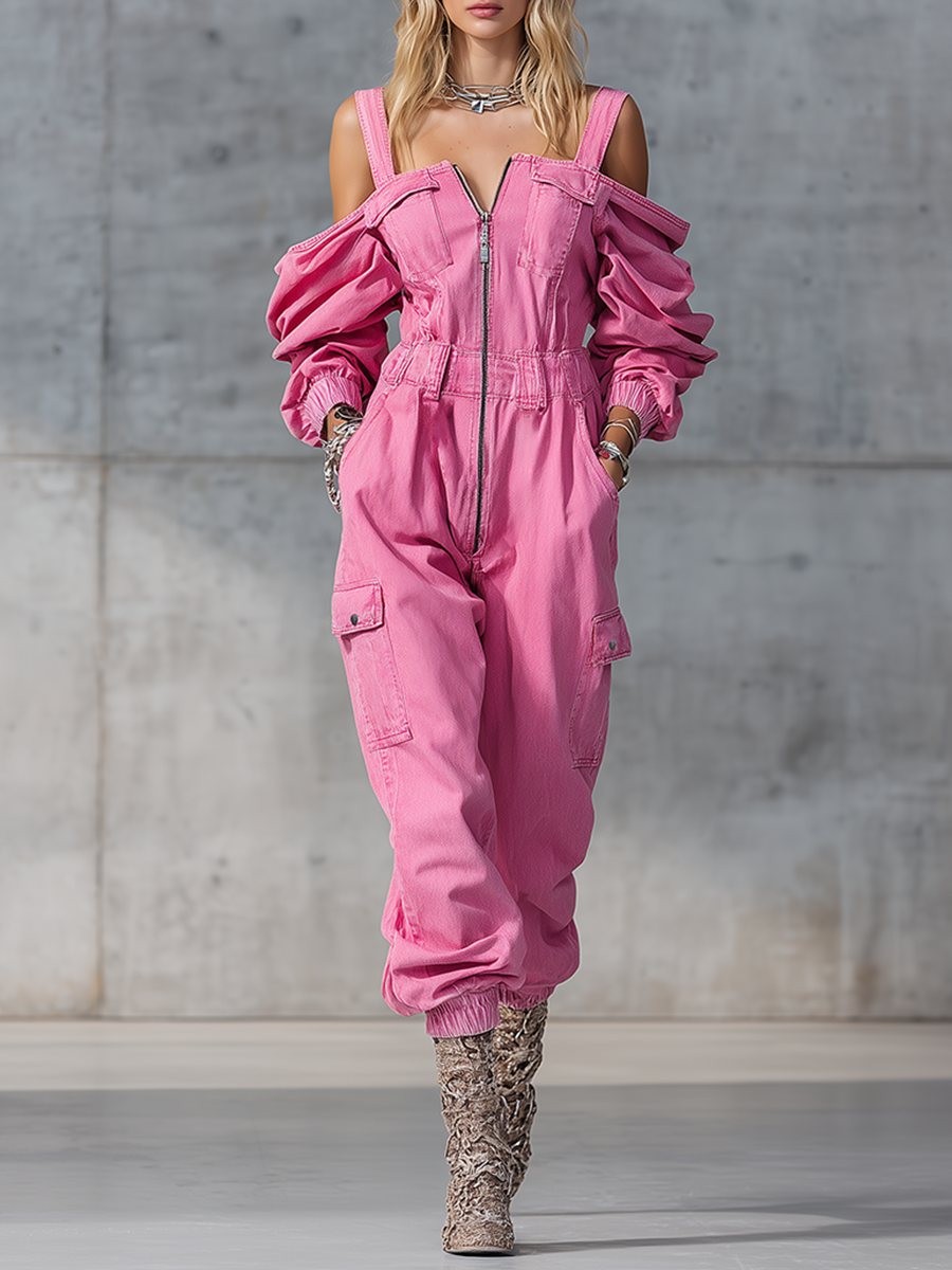 Women'S Fashion Vintage Off Shoulder Long Sleeve Jumpsuit - Fashion Vintage Denim Jumpsuit Woman Solid