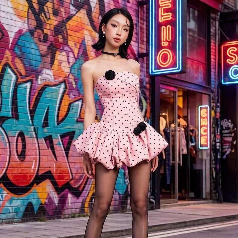 Cute Kawaii Polka Dot Puffed M - Ruched Dress Mini 리뷰 및 가격