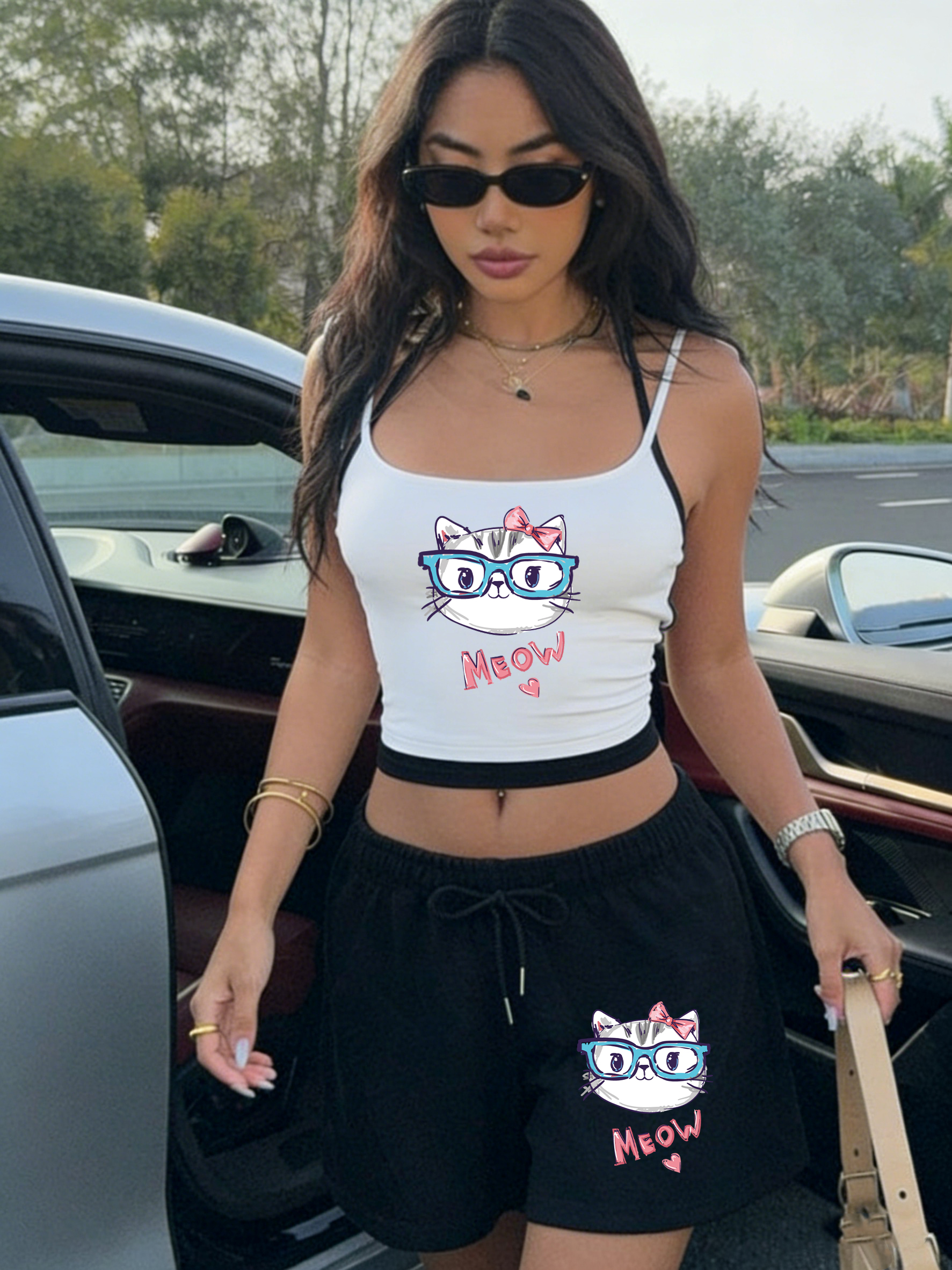 Meow Cute Bow Cat Print Crop T - Crop Top Women 리뷰 및 가격