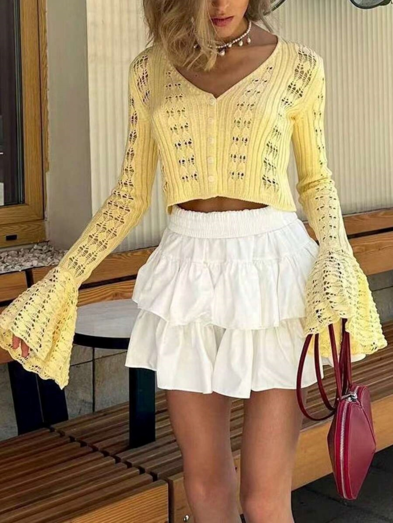 Womens Yellow Crochet Knit Fla - Crop Top Women 리뷰 및 가격