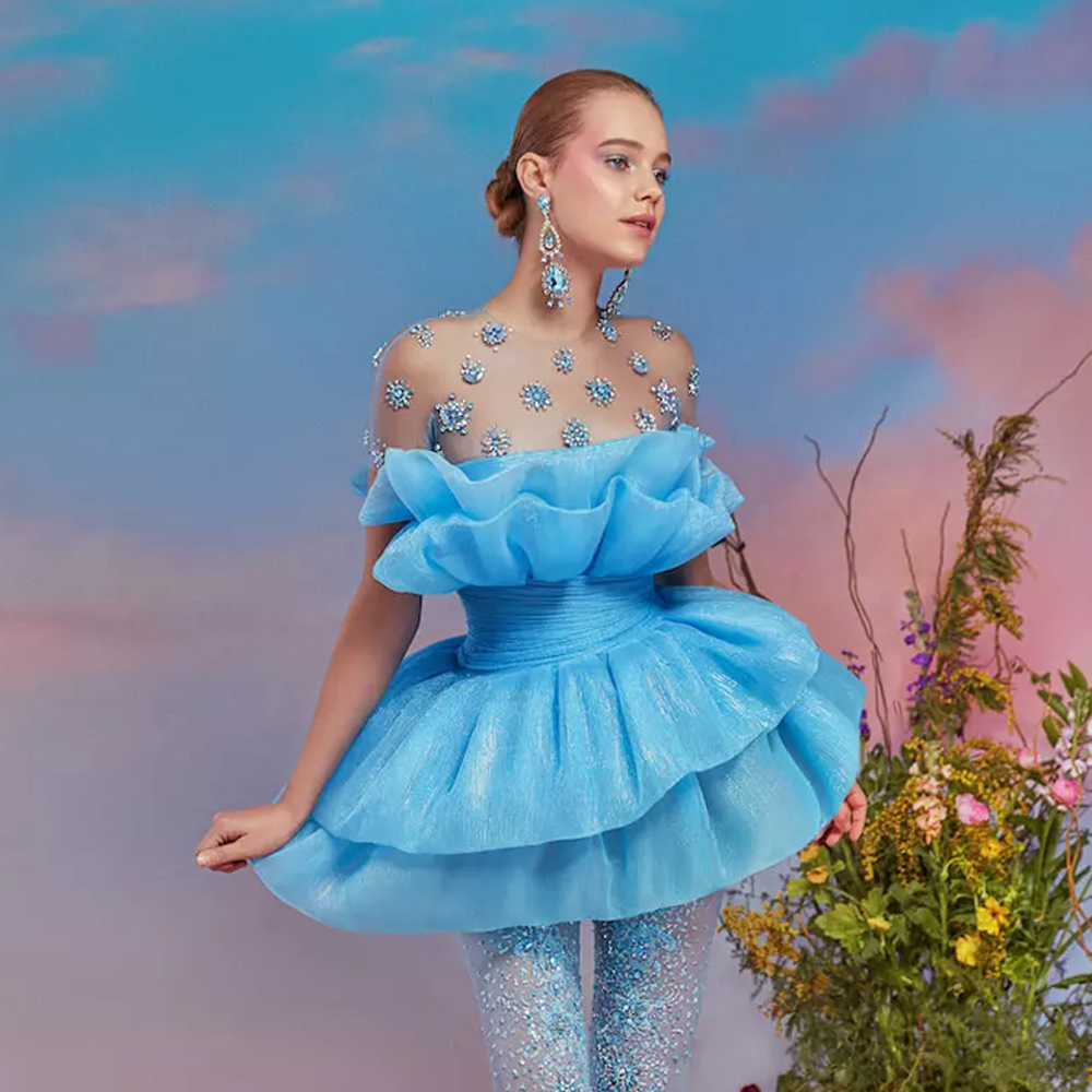 Sky Blue Fantasy Off‑Shoulder  - Ruched Dress Mini 리뷰 및 가격