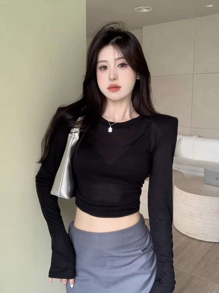Y2K Sexy Shoulder Pads Long Sl - Crop Top Women 리뷰 및 가격