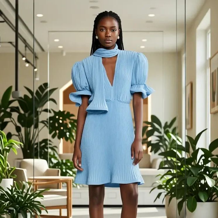 Elegant Light Blue Pleated Mid - Ruched Dress Mini 리뷰 및 가격