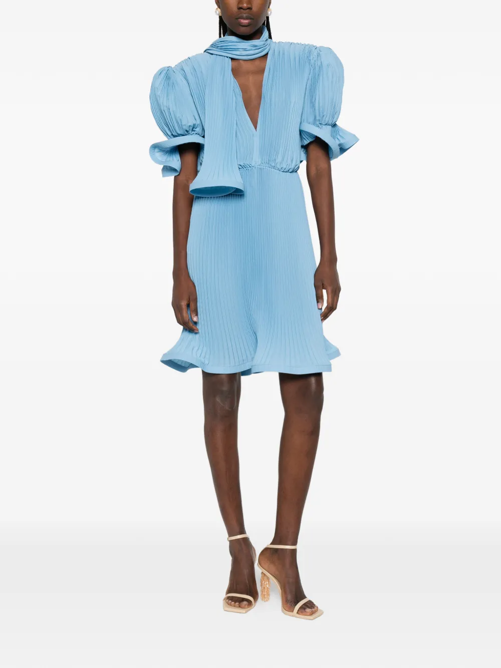 Elegant Light Blue Pleated Mid - Ruched Dress Mini 리뷰 및 가격